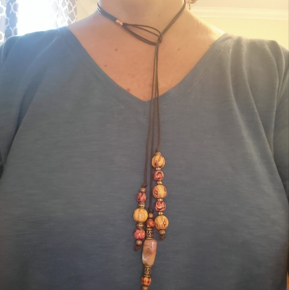 Carnelian & Painted Wood 3 Strand Y Necklace Clasp-Free Handmade Sacral Chakra - Picture 16 of 16
